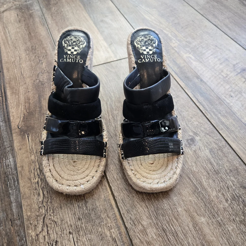 Vince Camuto Black Mixed Texture Espadrille Wedge Slide Sandals Size 7.5